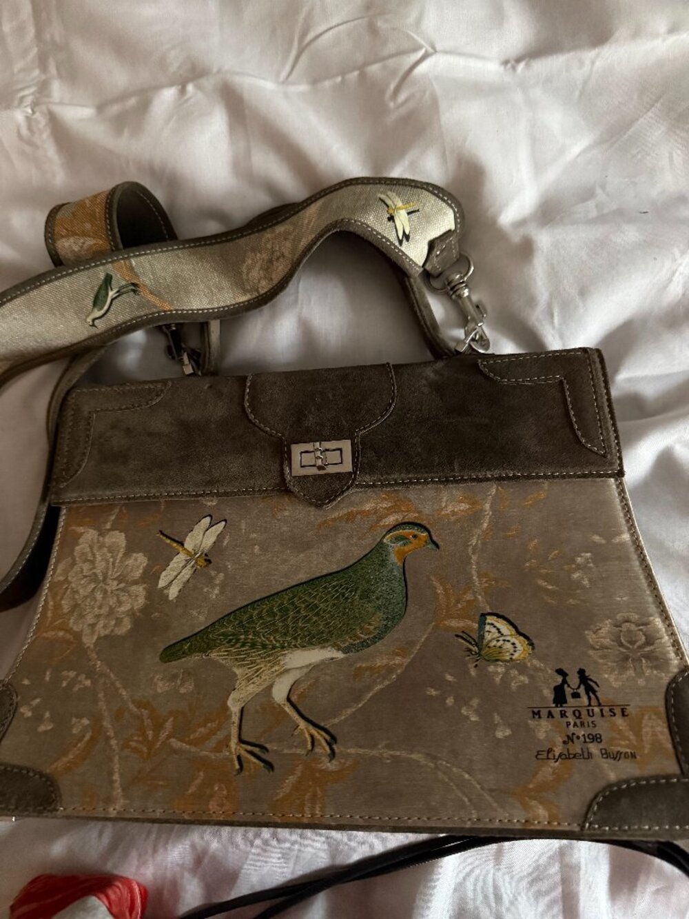 Marquise Paris Elisabeth Busson No. 198 Suede Bird Art Shoulder Bag